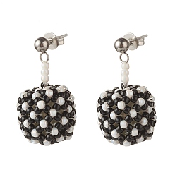 Black TOHO Japanese Seed Beads Dangle Stud Earrings, with Brass Ear Nuts, Black, 28mm, Pin: 0.8mm