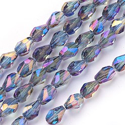 Colorful Electroplate Glass Beads Strands, Full Rainbow Plated, teardrop, Faceted, Colorful, 8.5x6x6mm, Hole: 1mm, 21.2~23.2 inch(54~59cm), 65~70pcs/strand