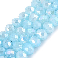 Light Sky Blue Dyed Crackle Imitation Jade Glass Beads Strands, Rondelle, AB Color Plated, Faceted, Light Sky Blue, 7.5x6~6.5mm, Hole: 1.2~1.6mm, about 55~61pcs/strand, 13.58~15.35 inch(34.5~39cm)
