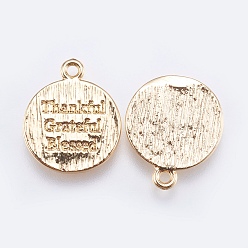 Real 18K Gold Plated Brass Quote Charms, Flat Round with Word Thankful Grateful Blessed, Real 18K Gold Plated, 13x12x0.8mm, Hole: 1.2mm