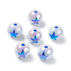 Синий УФ-покрытие радужными переливающимися акриловыми бусинами, круглые с рисунком звезд, синие, 15 мм, отверстие : 3.7 мм