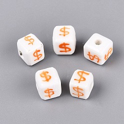 Naranja Cuentas de porcelana hechas a mano, pintado a mano, famille porcelana rosa, cubo y símbolo de dólar, naranja, 8~9x8~9x8~9 mm, agujero: 2~2.8 mm