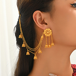 Золотой Винтажные серьги-гвоздики из сплава с подвесками в виде цветка и колокольчика, с цепочками для волос, золотые, 216x22.11 мм