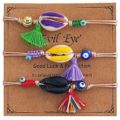 (52) Непрозрачная лаванда 3шт. богемные хлопковые браслеты с кисточками и подвесками, Регулируемые браслеты из плетеного бисера с бусинами из ракушек и смолы для женщин, сглаз и форма раковины, с бумажной карточкой, разноцветные, 11.02 дюйм (28 см)