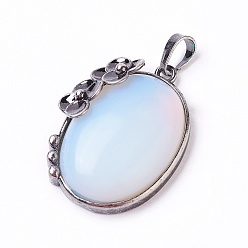 Опал Opalite подвески, с латунной фурнитурой , овальные с цветком, античное серебро, 35x26.5x9 мм, отверстие : 7x5 мм