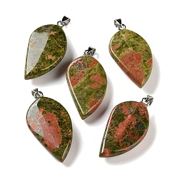 Unakita Colgantes naturales unakite, con 304 presas de acero inoxidable a presión, encanto de la hoja, 44~45x22~23x7~9 mm, agujero: 7x4 mm