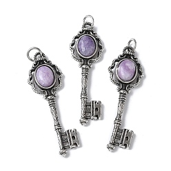 Лепидолит Ключевые латунные подвески из натурального лепидолита большие, с целью перехода в кольце, античное серебро, 55.5x16.5x5~6.5 мм, отверстие : 4.5 мм