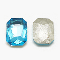 Aquamarine Pointed Back Glass Rhinestone Cabochons, Faceted, Rectangle Octagon, Aquamarine, 8x6x3mm