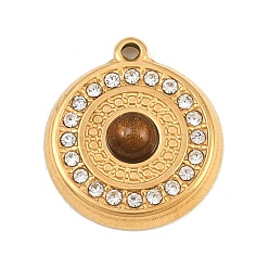 Golden 304 Stainless Steel Rhinestone Pendants, Flat Round, with Cat Eye, Golden, 17x15x4mm, Hole: 1.1mm