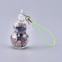 Mixed Stone Transparent Glass Wishing Bottle Pendant Decoration, with Natural Mixed Stone Chips inside, Plastic Plug, Nylon Cord and Iron Findings, Gourd, 111~130mm