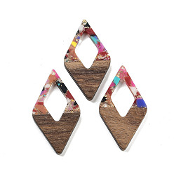 Разноцветный Подвески из орехового дерева, смола и золотая фольга, ромб, красочный, 47.5x25.5x3.5 мм, отверстие : 2 мм