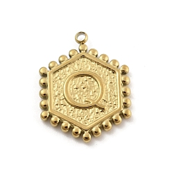 Letter Q 201 подвески из нержавеющей стали, золотые, шестиугольник с подвеской в виде буквы, Буква Q, 21x16.5x2 мм, отверстие : 1.5 мм