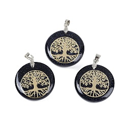 Синий Драгоценный Камень Синтетический голубой авантюрин плоские круглые подвески, подвески в виде дерева жизни с платиновым покрытием, латунные, с застежкой на дужке, без кадмия и без свинца, 30.5~32x25~25.5x6.5~7.5 мм, отверстие : 4.5x3.5 мм