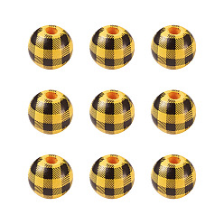 Yellow Natural Wooden Beads, Plaid Beads, Tartan Pattern, Round, Yellow, 5/8 inch(16mm), Hole: 4mm