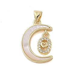 Heart Brass Micro Pave Clear Cubic Zirconia Pendants, with Shell, Cadmium Free & Lead Free, Moon, Real 18K Gold Plated, Heart, 21.5x15x3mm, Hole: 4x3.5mm