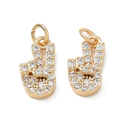 Real 18K Gold Plated Brass Micro Pave Clear Cubic Zirconia Pendants, Peace Hand Sign Charms, Real 18K Gold Plated, 15.5x8.5x4.5mm, Hole: 3mm
