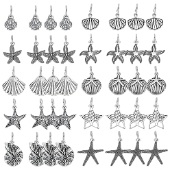 Antique Silver 40Pcs 10 Style Tibetan Style Alloy Pendants, Ocean Themed Pattern, Antique Silver, 13~24x9.5~23x1~5mm, hole: 7~7.5mm, 4pcs/style