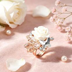 Blanco Anillos ajustables de cristal con diamantes de imitación para mujer, flor de mariposa, Anillos de dedo de resina de aleación de zinc, dorado, blanco, 31x25 mm, diámetro interior: ajustable