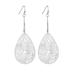 Платина Латунь болтаться серьги, капля с рисунком листьев гинкго, платина, 75x28 мм
