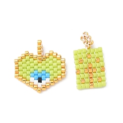 Бледно-Зеленый 2шт. стеклянный бисер ручной работы с узором для ткацкого станка Miyuki, кулон в виде сердца со злым глазом и прямоугольный кулон в комплекте, с золотой петлей, бледно-зеленый, 18x10x2 мм, отверстие : 0.7 мм, 2 шт / комплект