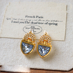 Light Steel Blue Brass Pave Cubic Zirconia Stud Earrings, Glass Earrings, Golden, Light Steel Blue, 20x13mm