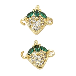 Настоящее золото 18K Подвески-фигурки с зелеными и прозрачными кубическими цирконами из латуни и паве в виде фруктов, клубничные ссылки, без кадмия и без свинца, долговечный, стойки покрытие, реальный 18 k позолоченный, 12x13.5x4.5 мм, отверстия: 1.2 мм и 1.4 мм.