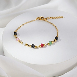 Настоящее золото 18K Браслеты из натуральных чёрных агатов в стиле богемии, 304 женские браслеты-цепочки из нержавеющей стали, круглые, реальный 18 k позолоченный, 6.69 дюйм (17 см)