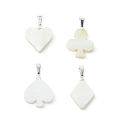 Серебро 4шт. 4 стили подвесок из натуральных пресноводных ракушек, прелести игральных карт, с 304 результатами из нержавеющей стали и латуни, белые, серебряные, 18~20.5x13.5~16.5x2.5~3 мм, отверстие : 6x3 мм