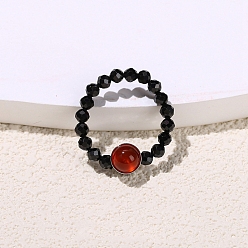 Red Agate Кольца на палец из натуральных черных бусин из шпинели, растягивающиеся кольца из натурального красного агата для мужчин и женщин, внутренний диаметр: 18 мм