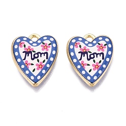 Word Printed Alloy Pendants, Rack Plating, Heart Charms, Cadmium Free & Nickel Free & Lead Free, Golden, Word Mom, 19x15x4mm, Hole: 1.6~1.8mm