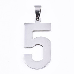 Number Non-Tarnish 201 Stainless Steel Pendants, Laser Cut, Number, Stainless Steel Color, Num.5, 36.5x18x1.5mm, Hole: 4.5x5mm