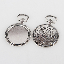 Antique Silver Vintage Tibetan Style Alloy Carved Floral Pattern Pendant Cabochon Bezel Settings, Cadmium Free & Lead Free, Antique Silver, Flat Round Tray: 35mm, 64x45x3mm, Hole: 5x15mm, about 50pcs/kg