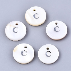 Letter C Natural Freshwater Shell Pendants, with Platinum Plated Iron Etched Metal Embellishments, Flat Round with Initial Letter, White, Letter.C, 11x2mm, Hole: 1.5mm
