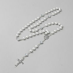 Античный Серебристый & Платиновый Крест Иисуса, подвеска из цинкового сплава с жемчужинами из стекла, круглые четки, ожерелья для женщин и мужчин, белые, старинное серебро и платина, 30.71 дюйм (78 см)