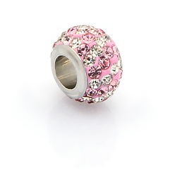 Light Rose 304 Stainless Steel Polymer Clay Rhinestone European Beads, Large Hole Rondelle Beads, Light Rose, 11x7.5mm, Hole: 5mm
