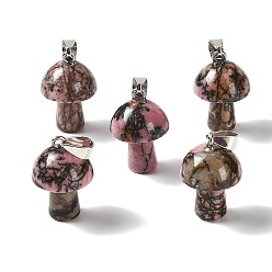 Rhodonite Natural Rhodonite Pendants, Mushroom Charms, with 304 Stainless Steel Snap on Bails, Stainless Steel Color, 24~25x16mm, Hole: 7.5x4mm