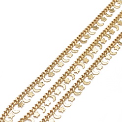 Real 18K Gold Plated Brass Curb Chains, with Star & Moon Brass Charms and Spool, Long-Lasting Plated, Soldered, Real 18K Gold Plated, Link: 3.5x2.5x1mm, Star: 3.5x3.5x0.6mm, Moon: 4x3x0.6mm, about 16.4 Feet(5m)/roll