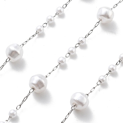 Нержавеющая Сталь Цвет Цепочки из нержавеющей стали ручной работы 304, с ABS имитации жемчуга, пайки, круглые, с катушкой, цвет нержавеющей стали, 6.5x6 мм, около 16.40 футов (5 м) / рулон