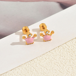 Pink Серьги-гвоздики с короной из нержавеющей стали с эмалью, с четким кубического циркония, золотые, розовые, 11x8 мм