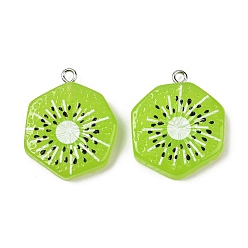 Kiwi Fruit Подвески из непрозрачной смолы с фруктовой тематикой, окрашенные распылением, имитация еды, с платиновыми тоновыми железными петлями, киви, 27.5x23x5 мм, отверстие : 2 мм