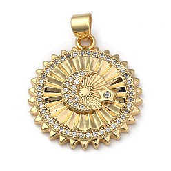 Real 18K Gold Plated Brass Micro Pave Clear Cubic Zirconia Pendants, Long-Lasting Plated, with Snap on Bails, Flower with Moon & Star, Real 18K Gold Plated, 24x21.5x4mm, Hole: 3x3.5mm