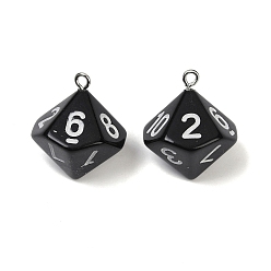 Черный Акриловые подвески, с платиново-железными петлями, десять граней, игральная кость, чёрные, 25x21.5x21.5 мм, отверстие : 2 мм