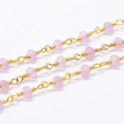 Pink Natural White Jade Beaded Chains, Handmade Chains, with Spool, Unwelded, Dyed, Faceted Rondelle, with Brass Findings, Golden, Pink, 4x3mm, about 16.4 Feet(5m)/roll
