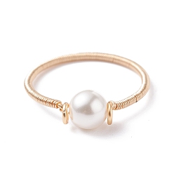 White Shell Pearl Bead Finger Ring, Eco-Friendly Copper Wire Wrap Rings for Women, Light Gold, White, US Size 7 3/4(17.9mm)