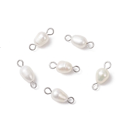 Нержавеющая Сталь Цвет Подвески с разъемом для риса из натурального культивированного пресноводного жемчуга, с 304 двойными петлями из нержавеющей стали, белые, цвет нержавеющей стали, 13.5~14.5x5~6 мм, отверстия : 1.5 mm и 2 мм
