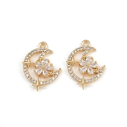 Настоящее золото 18K Латунные микро проложить кубического циркония подвески, луна с цветком, реальный 18 k позолоченный, 18x14x3 мм, отверстие : 1.2 мм