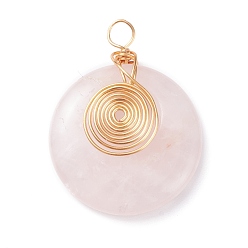 Rose Quartz Natural Rose Quartz Pendants, with Light Gold Tone Copper Wire Wrapped, Flat Round, 35x27x6.5mm, Hole: 4mm