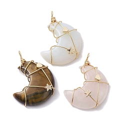 Mixed Stone Natural Mixed Gemstone Copper Wire Wrapped Pendants, Moon Charms with Light Gold Tone Brass Heart & Star Beads, 44~45x33x10.5~11.5mm, Hole: 4.5~5mm