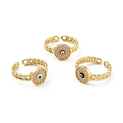 Mixed Color Clear Cubic Zirconia Evil Eye Open Cuff Ring with Enamel, Real 18K Gold Plated Brass Jewelry for Women, Cadmium Free & Lead Free, Mixed Color, US Size 7(17.3mm)