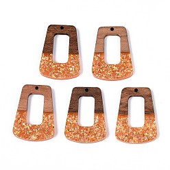 Темно-Оранжевый Подвески из непрозрачной смолы и орехового дерева, трапециевидные подвески, с блестящей пудрой и золотой фольгой, темно-оранжевый, 38x27x3 мм, отверстие : 2 мм